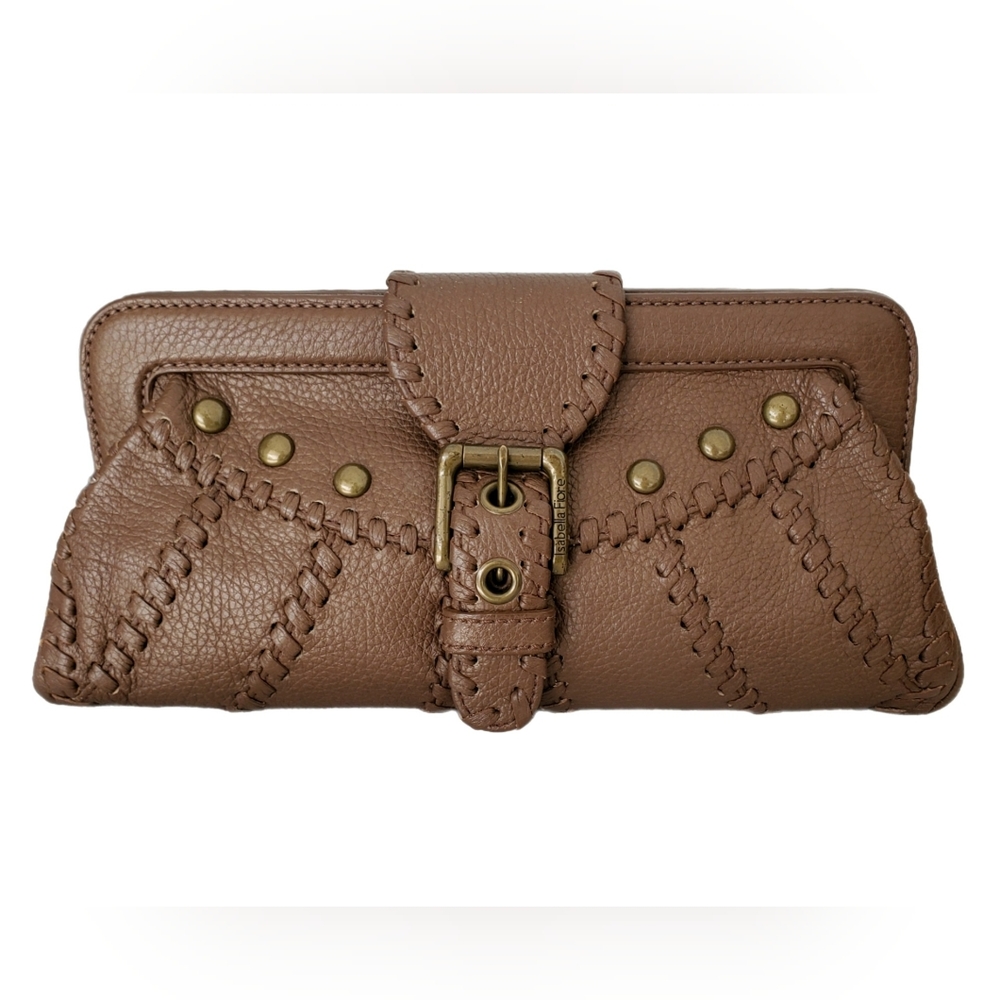 Isabella Fiore Brown Leather Bronze Studded Accents Clutch Handbag